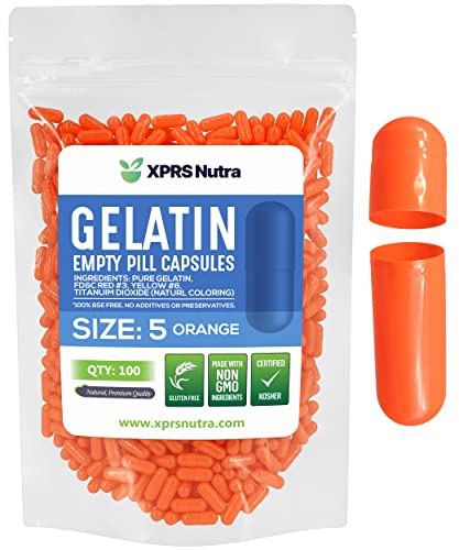 Image of XPRS Nutra Size 5 Empty Capsules - 100 Count Very Small Empty Gelatin Capsules - Pills DIY Capsule Filling - Fillable Pill Gel Caps for Do-It-Yourself Vitamin Supplements (Orange)