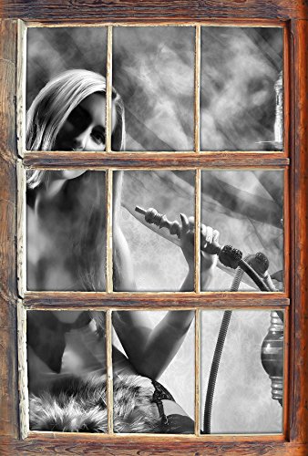 Stil.Zeit Monocrome, Schöne Frau mit Shisha im Nebel Fenster im 3D-Look, Wand- oder Türaufkleber Format: 92x62cm…