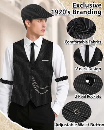 1920s Mens Costume, Roaring 20s Costumes for Men, Fedora Hats for Men 1920S Mens Outfit with Hat, Vest,Pocket Watch - Image 4