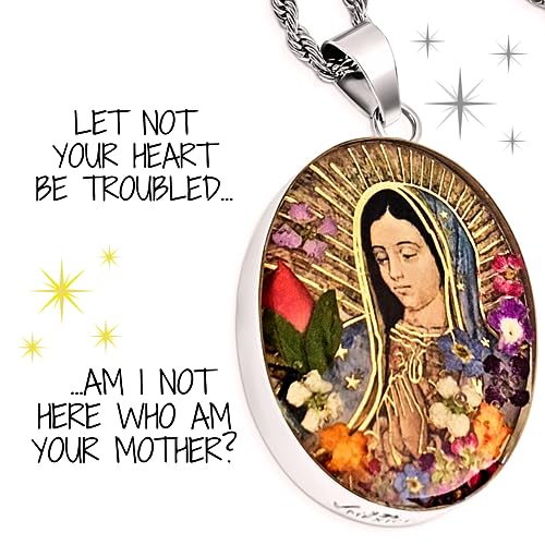 Close up of Virgin Mary pendant with pressed flowers