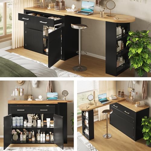 Mesa de bar extensible con espacio de almacenamiento (137 – 215 × 39 × 102,3 cm), moderna mesa de bar telescópica con un cajón y dos estantes, mesa alta de cocina, isla de cocina, mesa bistró, color