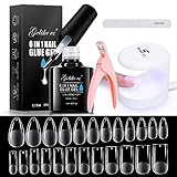 Gelike EC Full Cover Soft Gel Nail Tip and Glue Gel Kit, Etched Almond and Square Shape Acrylic Nail Extension, DIY Manicure with Portable UV Light, Nail Clipper, 240 Pieces
