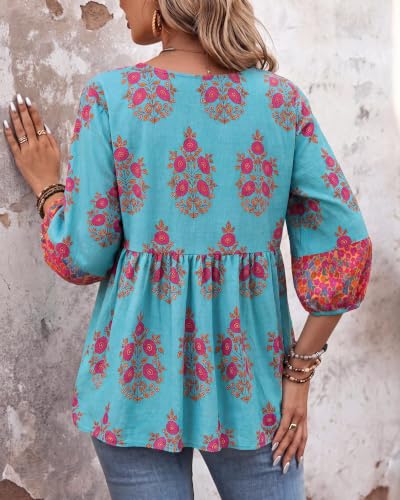 Image of Vivilli Womens Summer Boho Babydoll Tops 3 /4 Sleeve Pleated Peplum Blouses Casual V Neck Tie Front 2026 Tunic Tops