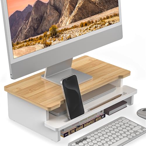 WELL WENG Monitor Stand Monitor Stand Riser for Desk,Wood Desk Shelf Storage Organizer with Phone Tablet Holder (16.5 Inch, White & Natural Bamboo)