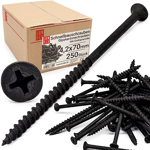 Vis placo à fixation rapide 4,2x70 mm, 250 pièces, auto perceuse, cloison seche, plaques platre, ossature metal, filetage grossier, tete trompette, placoplâtre, noir,...