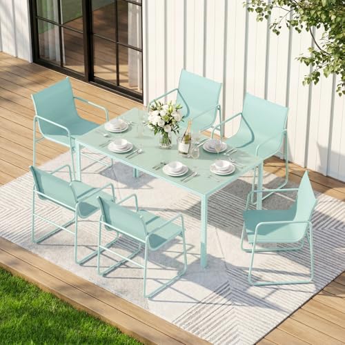 ONBRILL 7 Piece Patio Dining Set for 6, Modern Rectangular Glass Top Steel Table with 6 Breathable...