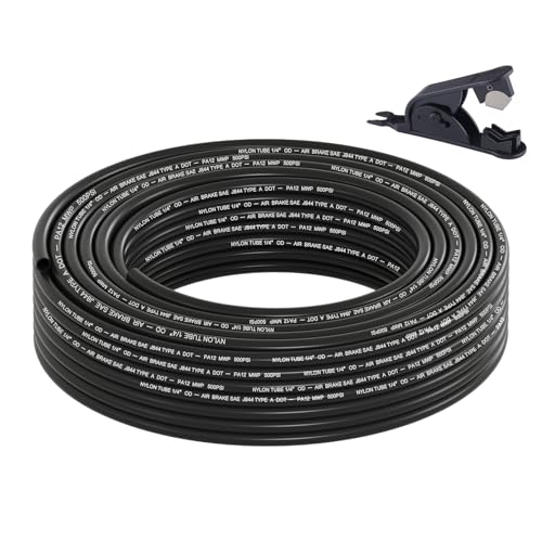 Boeray 50FT 1/4 DOT Air Line SAE J844 PA12 Nylon Air Hose with Cutter 1/4” OD Pneumatic Tubing DOT Approved 1/4 Air Brake Hose for Air Suspension Kit Truck Trailer Brake System & Fluid Transfer 15.5m
