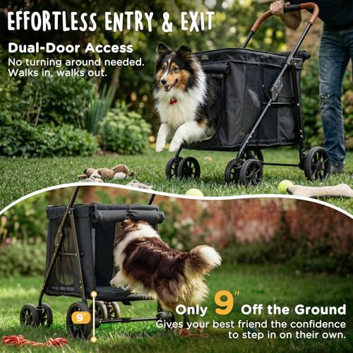 Image of CANINE CANYON Scout Pet Stroller, Heavy Duty Dog Stroller for Large & Medium Dogs, Foldable Pet Stroller for 2 Small Dogs with All-Terrain Wheels, Storage Pocket & Cup Holder, 55 lbs Capacity, Black