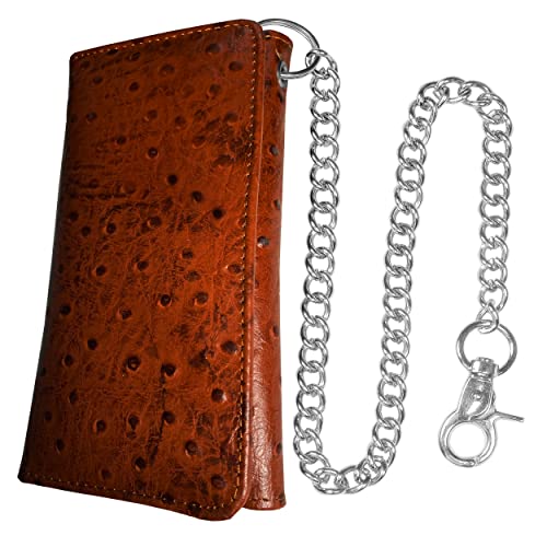 Image of Jackets 4 Bikes Genuine Cowhide Leather Trifold Long Chain Motorcycle Biker Trucker Wallet RFID Ostrich Brown