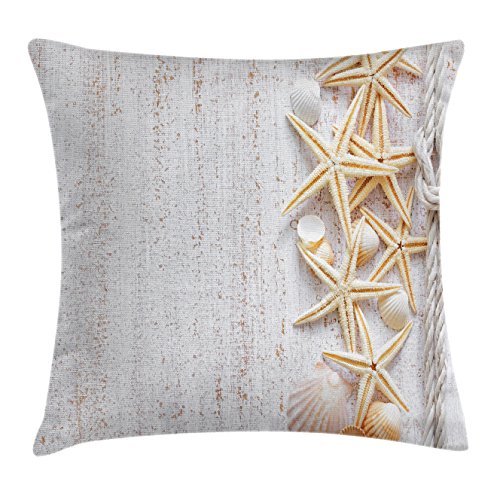 Ambesonne Seashells Throw Pillow Cushion Cover, Starfish Marine in Vertical Direction Wood Surface Ocean Beach Nautical Print, Decorative Square Accent Pillow Case, 20" X 20", Ivory - Image 3
