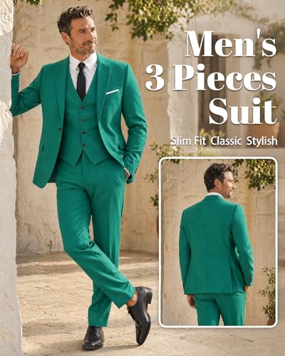 Image of MY'S Men's 3 Piece Suit Set with Tie, One Button Slim Fit Solid Jacket Vest Pants, Prom Party Wedding Business Suits for Men