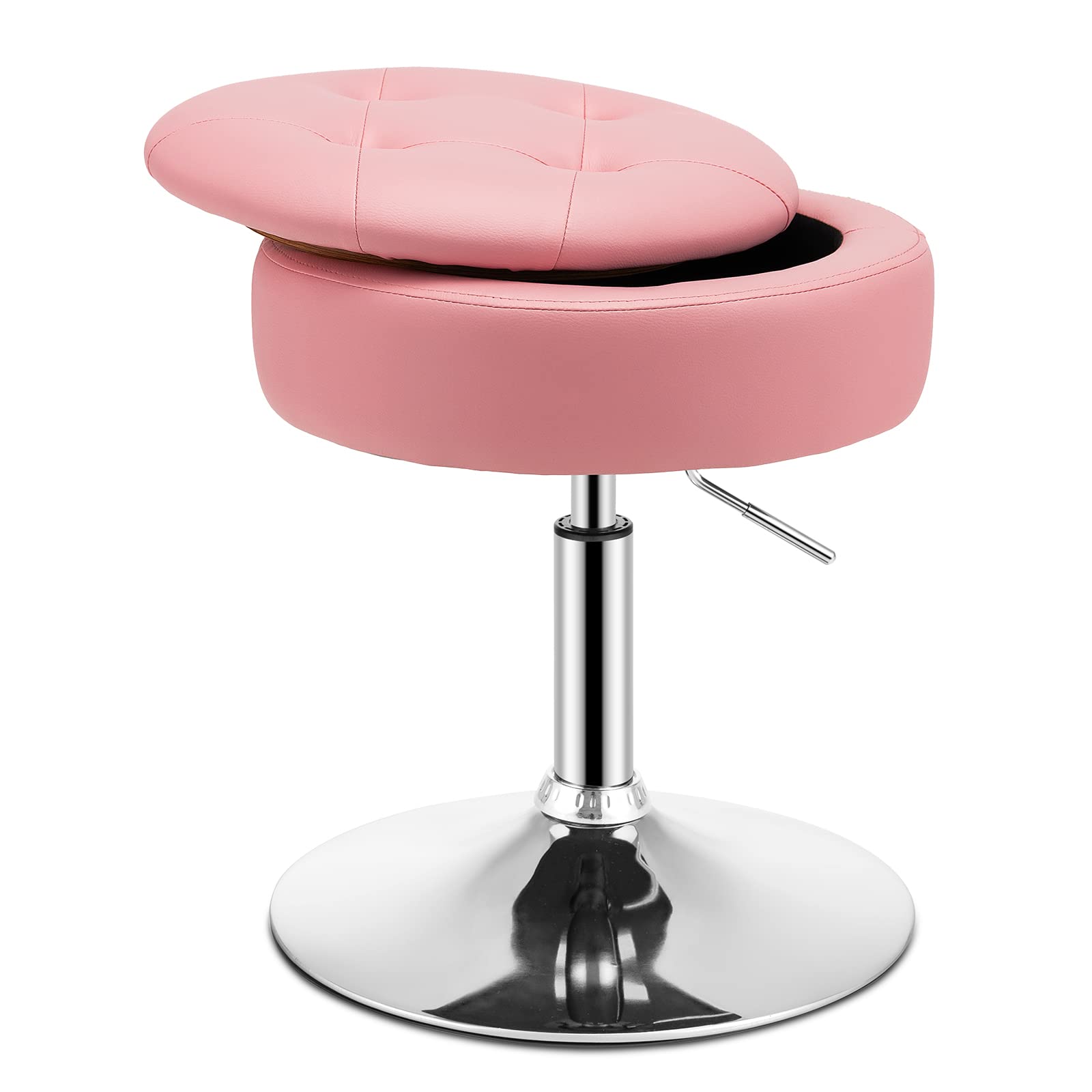 LIFEZEAL Vanity Stool, Faux Leather Bar Chair, Swivel Stool with Adjustable Height from 20 to 26 inches, Round Bar Stool with Hidden Storage for Bedroom, Living Room(Pink)