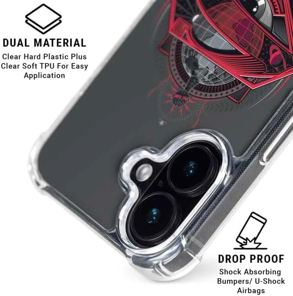 Skinit Clear Phone Case Compatible with iPhone 16 - Officially Licensed DC Comics Superman Grey Eye Collage Design