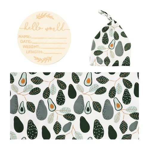 Image of Newborn Swaddle Set, Green Avocado, Beanie | 31.4 x 31.4 in, for 0-3 months, swaddle and receiving blanket, beanie, name card, Green Avocado