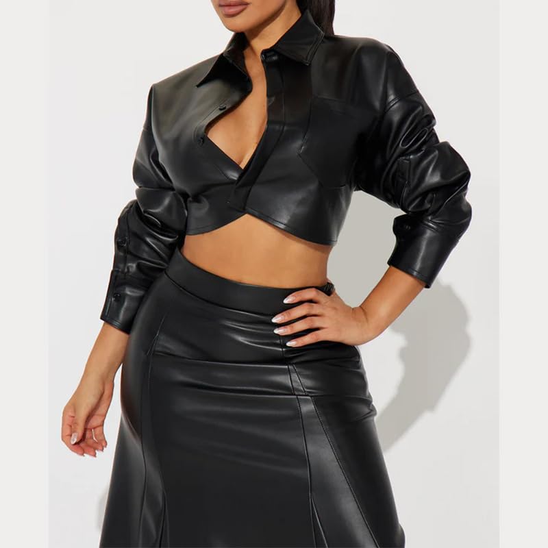 Womens PU Leather Outfits Long Sleeve Lapel Sexy Shirt Top Maxi Skirt Going Out Casual Set3
