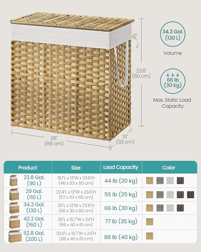 SONGMICS-Laundry-Hamper-with-Lid-130L-Double-Wicker-Basket-6-Mesh-Bags-Clothes-Hamper-2-Removable-Liner-Bags-26-x-13-x-236-Inches-Natural-ELIOTT-Collection-ULCB253N01