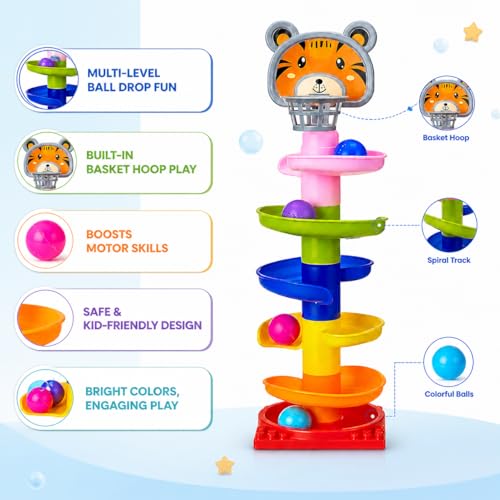 Image of Amazon Brand - Jam & Honey Rolling & Swirling Ramp Drop Toy for Kids 3+ Years, 5-Layer Ball Drop Track with 4 Balls, Early Learning Activity Toy, BIS Certified Safe (Pack of 2)
