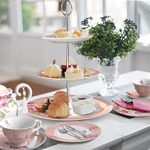 London Boutique 3 Tier Cake Stands Afternoon Tea Cake Stand Plates New Bone China Vintage Flora Gift for Her (Pink) - Image 4