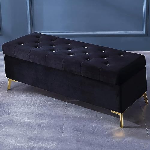 Lujoso banco otomano de terciopelo negro con botones de cristal, reposapiés de almacenamiento moderno para sala de estar y entrada, muebles elegantes (90 x 42 x 45 cm)