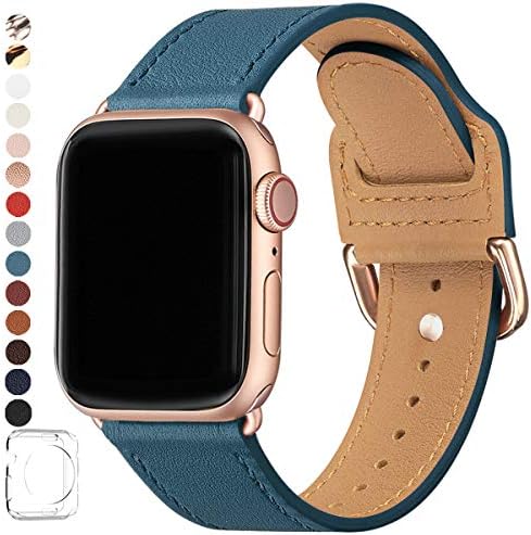 POWER PRIMACY Bands Compatible with Apple Watch Band 38mm 40mm 42mm 44mm, Top Grain Leather Smart Watch Band Compatible for Men Women iWatch Series 5/4/3/2/1 (Wine red/Gold, 42mm 44mm)