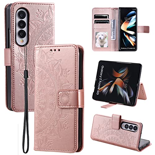 EYZUTAK Mandala Handyhülle für Samsung Galaxy Z Fold 4 5G, Slim Flip Case mit Kartensteckplatz Magnetverschluss,Grabung PU Leder Klapphülle,Hülle mit Standfunction und Lanyard,Klappbar Motivo-Roségold Cover