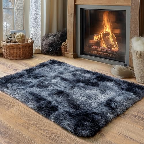 Small Area Rug, 2x3 Rug for Bedroom Shaggy Throw Rugs for Dorm Rug, Soft Tie Dyed Carpet for Kids Room, Plush Non-Slip Fluffy Bedside Rug for Home Decor Aesthetic, Blue Grey