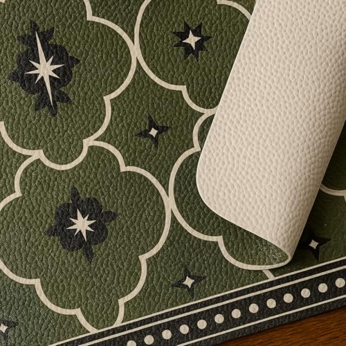 Image of Durable Leather Placemats Olive Green Mororccan Patterned Table Mats | Waterproof, Washable, Heat Resistant, Non-Slip Elegant Dining Accessories (Set of 4)