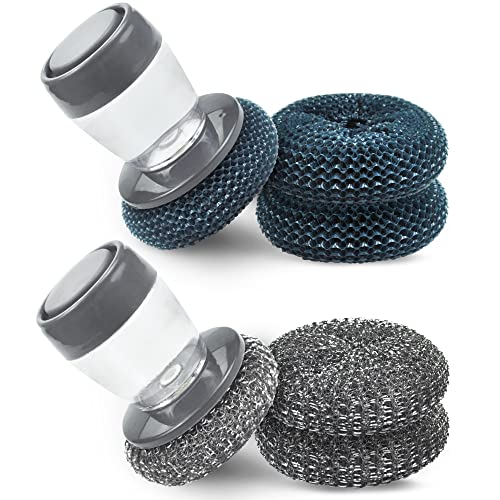 LYLIDIA Reinigungsbürste mit Spülmittelspender 2+4 Stück Dekontaminations Spülbürste mit Druckfunktion Abwaschbürste mit Spülmittelspender Austauschbare Stahldraht Halter Küchen Bürste für Topf Pfann Cover