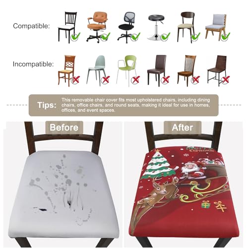 Image of SearchI 6 Pack Christmas Seat Covers for Dining Room Chairs Stretch Printed Xmas Chair Seat Covers, Removable Upholstered Chair Seat Protector for Christmas Decoration, Kitchen, Office (Santa+elk)