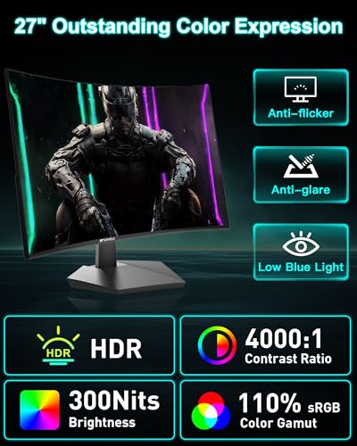 undefined SANSUI 27 Inch Curved 160Hz Gaming Monitor, 1500R Curved Computer Gaming Monitor FHD 1080P, 4000:1, 110% sRGB, FPS/RTS, 1Ms MPRT|FreeSync|HDR|Low Blue Light|HDMI DP| VESA Support, HDMI Cable Incl. の商品画像 6