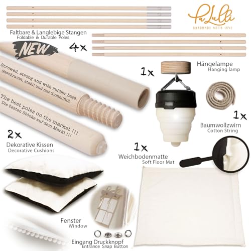 PaLulli® Tipi Zelt für Kinder aus 100% Baumwolle mit Kuschelmatte, Anti-Kollaps-System [Stabil], Camping-Hängelampe & 2 Dekokissen, Tippi Kinderzelt Teepee Spielzelt (BEIGE)