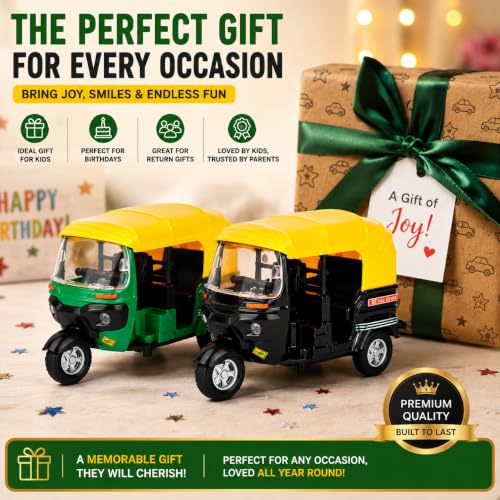Image of PLUSPOINT Metal Auto Rickshaw Toy Set of 2 | Black & Green Die-Cast Metal Body | Pull Back Action Toy Vehicles | Detailed 3-Wheel Tuk Tuk Models for Kids | Pretend Play & Gifting