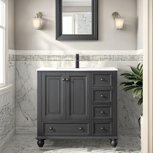 eclife 36\" Bathroom Vanity Cabinet with Sink Combo Set, Painted Solid Wood Construction, Undermount Ceramic Sink w/Matte Black Faucet Drain, 2 Doors & 4 Drawers, Vintage Style, French Grey