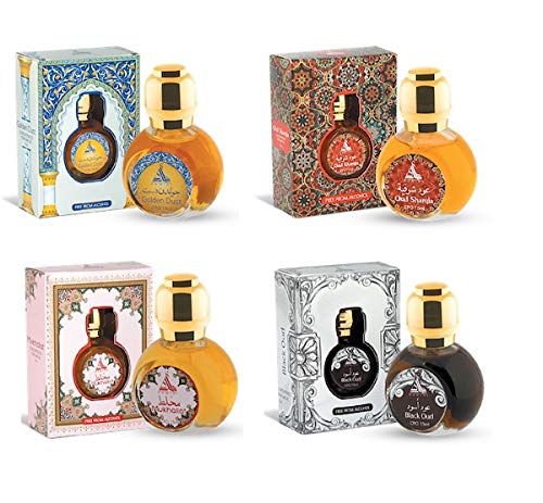 Hamidi 15 ml Concentrated Perfume Oil Alcohol Free Attar Oriental Fragrance for Men and Women (Pack of 4) Mukhallat + Golden Dust + Black Oud + Oud Sharqia