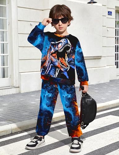 Image of Boys Clothes, T-Rex Print Dinosaur Boy Clothes Fall Winter Outfits Long-sleeved Hooded Sweatshirt Pants 2Pcs Set