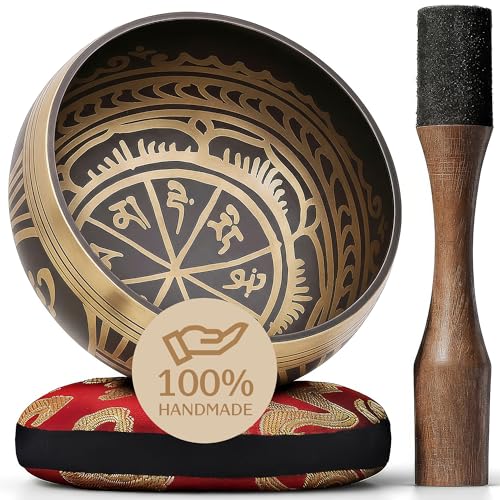 Handmade Tibetan Etched Singing Bowl Set – Sound Bowl & Meditation Bowl with Cushion, Mallet & Guide – Spiritual Healing Products – Meditation Sound Bath Kit – Portable Sound Therapy Tool