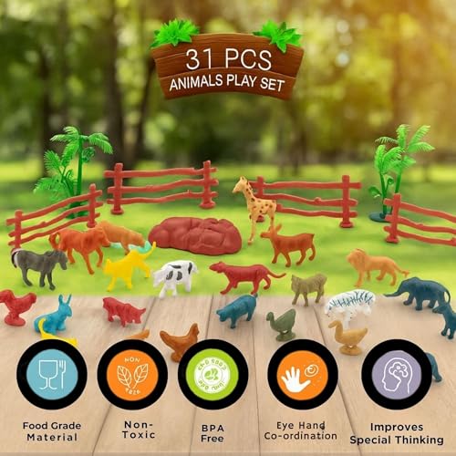 Image of GRAPHENE 31 Pcs Animal Figure Mini Jungle Toys Set Farm Cartoon Educational Toyset Wild Animal Figurines Playsets Jungle Safari Janwar Toys Birthday & Return Gifts School Project Learning for Kids