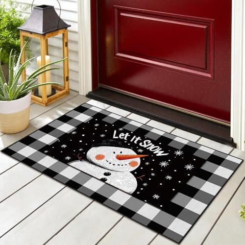 Fourluoo 2 Pcs Winter Front Porch Rug Snowman Winter Door