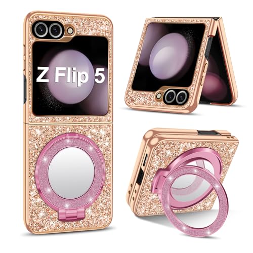 Coque Samsung Galaxy Z Flip 5 paillettes or rose avec miroir support antichoc