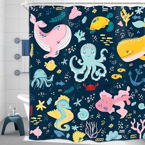 Homewelle Kids Whale Shower Curtain Funny Cute Cartoon Sea Horse Fish Octopus Ocean Sealife Under Sea Coral Navy Blue 60Wx72H Inch for Boys Girls Children Waterproof Polyester Fabric Bathroom Bathtub Cover