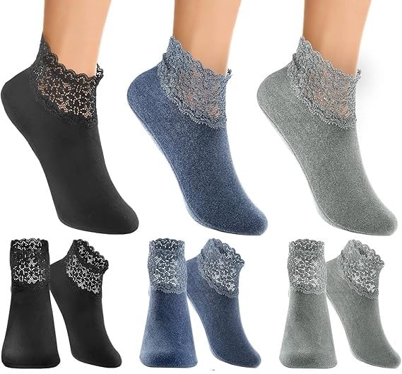 3 Pairs Lace Warmer Socks No Show Frilly Socks Comfortable Ruffle Socks for Women Non Slip Short Ankle Socks Multicolored Warm Socks for Winter (Black, Gray, Blue)_Free Size-image-0
