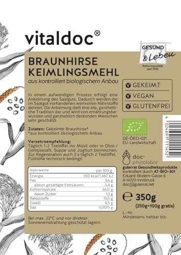 vitaldoc© | BIO-Braunhirse frischgekeimt 250 g + 100 g | Rohkost | Glutenfrei | Vegan | BIO | Reich an natürlichem Silicium | GESUND & Leben Qualität