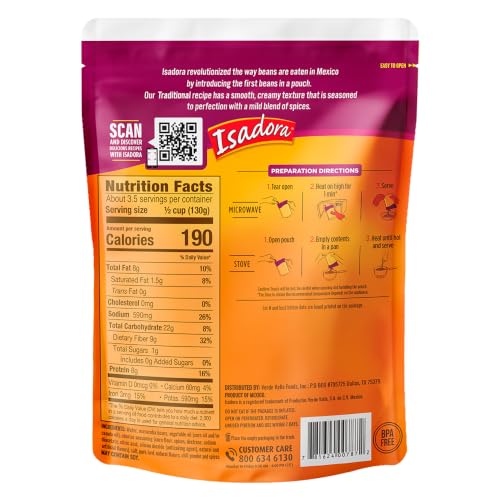 Image of Isadora Traditional Refried Beans Pouch, Mexican Food Ready-to-Eat (6-Pk)