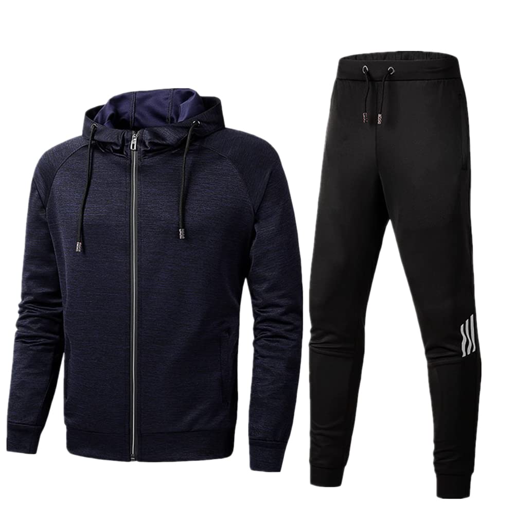 Zestaw dresów dla mężczyzn, zapinana na zamek bluza z kapturem, topy, strój na siłownię i spodnie do joggingu, zestaw 2 sztuk, granatowy, 4XL