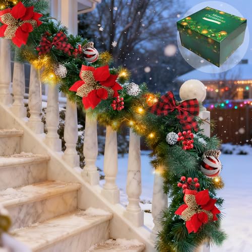 9FT Christmas Garland with 100 Lights Battery Operated,Artificial Prelit Garlands with Red Balls,Pine Cones,Cedar Branches,Christmas Decorations for Stairs Outdoor Indoor Holiday Home Fireplace Decor