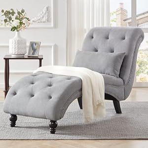 DIFUY Tufted Soft Chaise Lounge Indoor, Linen Rivets Chaise Lounge Chair for Bedroom Living Room, Armless Upholstered Chaise Couch Chair with Square Cushions and Solid Wood Legs, (Grey)