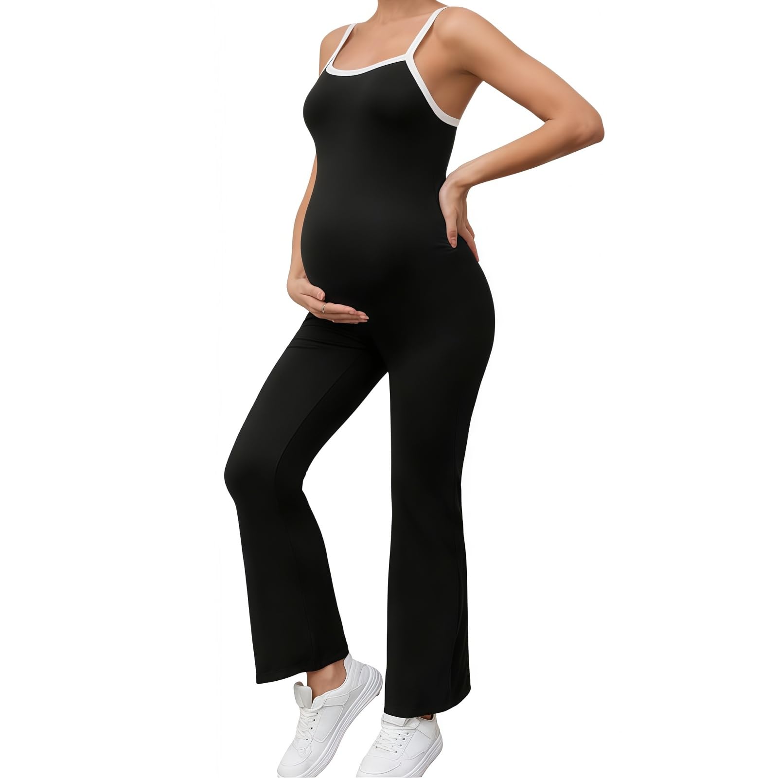 MANJIAMEI Ärmelloser Umstands Jumpsuit Schwarz Camisole Yoga-Jumpsuit Nahtlose Body mit Weitem Bein U-Ausschnitt Lang Sport-Overall Schmale Passform Freizeit Workout Freizeitkleidung