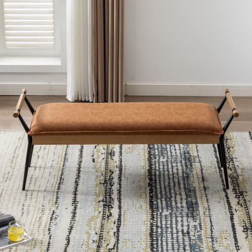 HEAH-YO-Vintage-Entryway-Bench-Durable-PU-Faux-Leather-Bedroom-Bench-with-Armrests-and-Metal-Legs-18-Seat-Height-Footstool-Ottoman-for-Living-Room-Brown