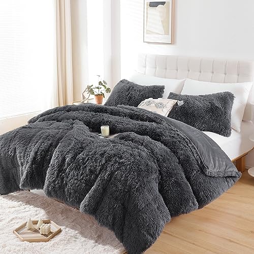 Smoofy Fluffy King Size Comforter Set, Faux Fur Comforter Set, Luxury Fuzzy King Bedding Set, Soft Shaggy Bed Set for All Season, 3 Pieces - 1 Comforter & 2 Pillowcases, Dark Grey