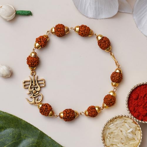 Image of ecraftindia Rudraksha Om Trishul Rakhi Gift Set for Brother | Designer Rudraksha Rakhi with Best Bro Ever Fridge Magnet, Brother Sister Showpiece & Roli Chawal | Raksha Bandhan Gift Combo